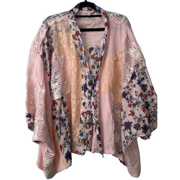POL S Floral Patch Open Front Cardigan Mixed Media Embroidered Boho Peasant A30 - Picture 1 of 8